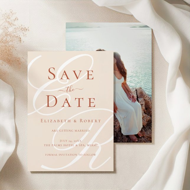 Minimalist Terracotta Monogram & Photo Wedding Save The Date (Minimalist Terracotta Monogram & Photo Wedding Save The Date on an elegant silky tableclothes)