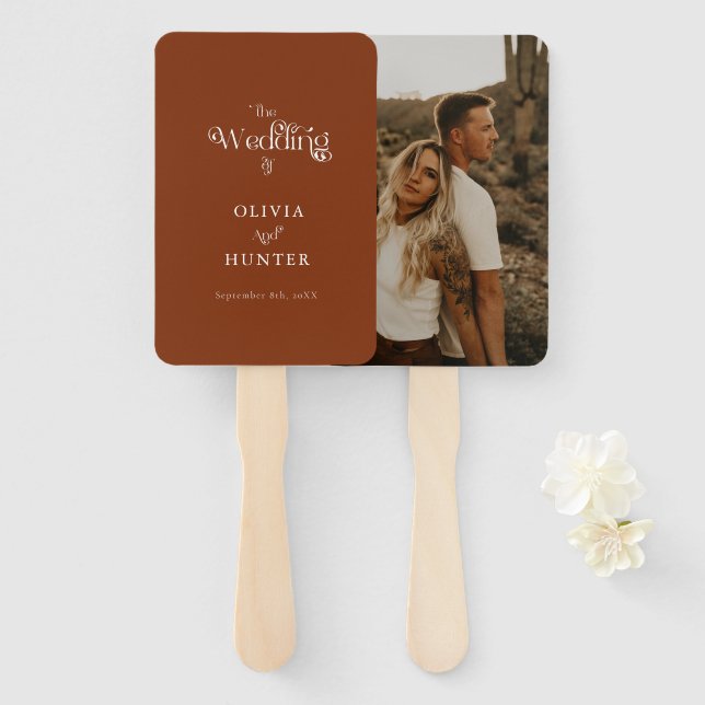 Minimalist Terracotta Photo Wedding Fan (Front and Back)