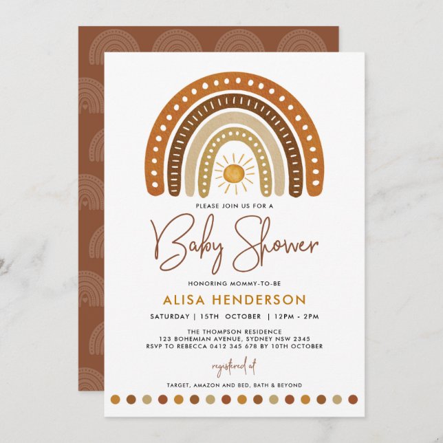 Minimalist Terracotta Rainbow Sunshine Baby Shower Invitation (Front/Back)