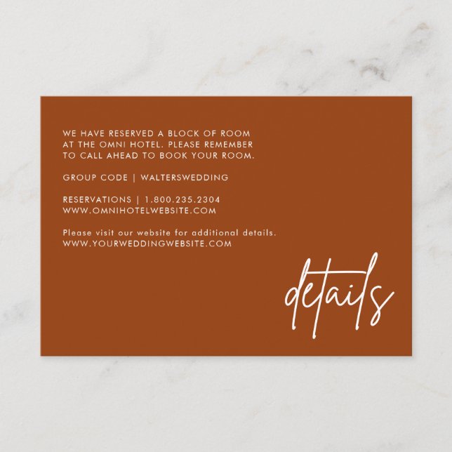 Minimalist Terracotta Rust Wedding Details Cards (Front)