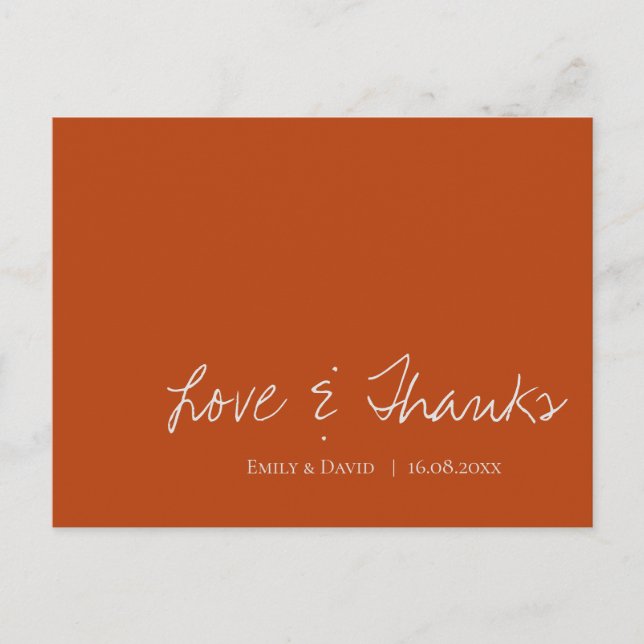 Minimalist Terracotta Rust Wedding Love And Thanks Postcard (Front)