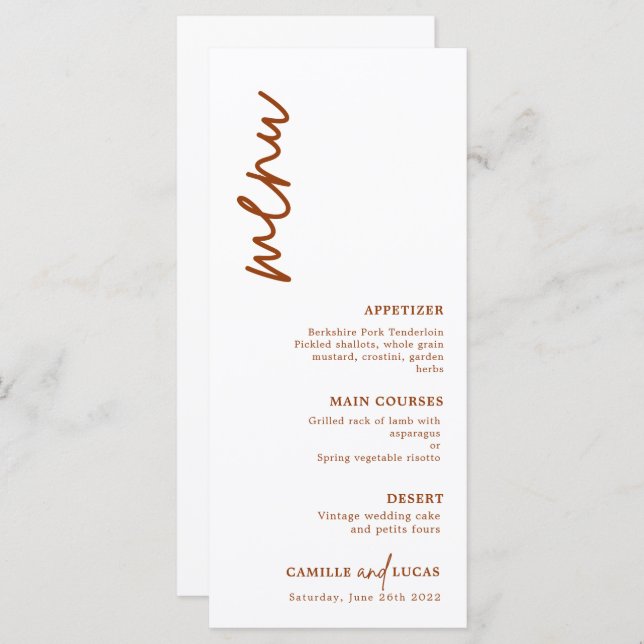 Minimalist Terracotta Rust Wedding  Menu (Front/Back)