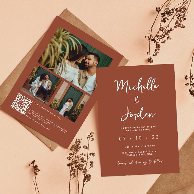 Minimalist Terracotta Script Photo QR Wedding Invitation (Creator Uploaded)