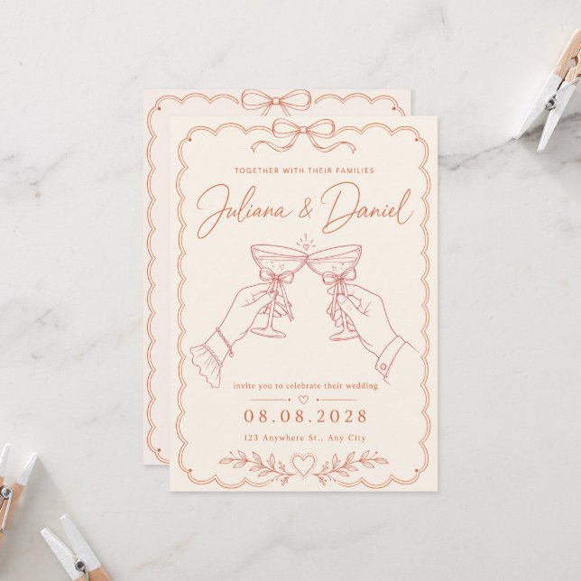 Minimalist Terracotta Toast Wedding Invitation (Front/Back In Situ)