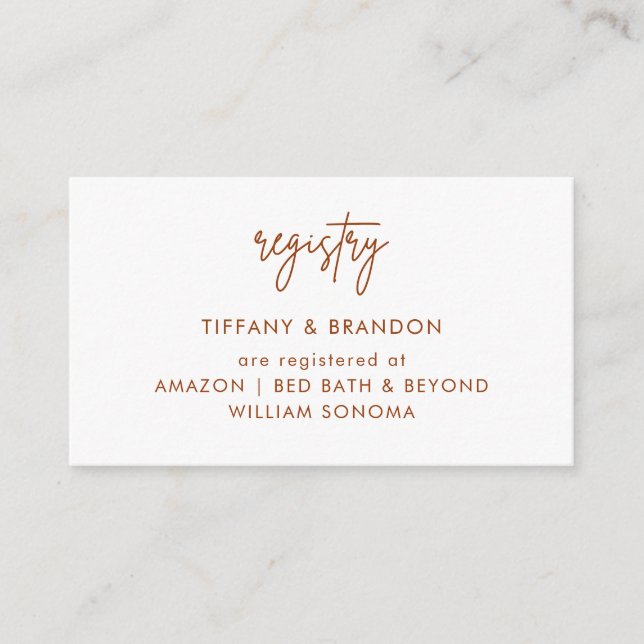Minimalist Terracotta Wedding Gift Registry Cards (Front)