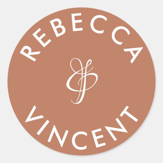 Minimalist Terracotta Wedding Personalized Names Classic Round Sticker (Front)