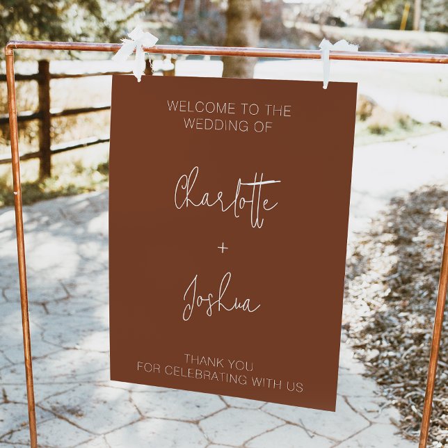 Minimalist Terracotta Wedding Welcome Sign (Modern minimalist terracotta wedding welcome sign featuring a modern calligraphy font.)