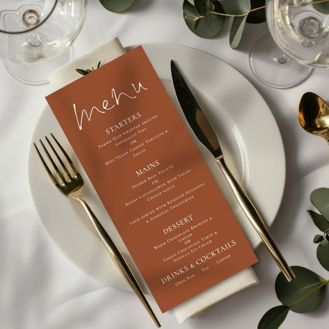Minimalist Terracotta White Text Wedding Menu (Creator Uploaded)