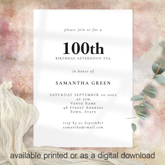 Minimalist Text Any Colour 100th Birthday  Invitation (Creator Uploaded)