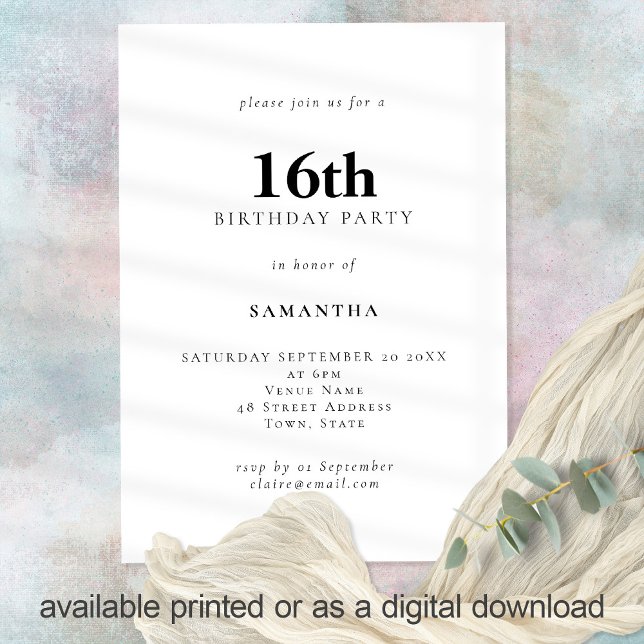 Minimalist Text Any Colour 16th Birthday Party Invitation (Creator Uploaded)