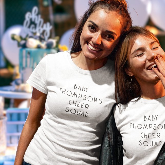 Minimalist Text Baby Name Cheer Squad T-Shirt (Fun T shirts for family and baby shower guests)