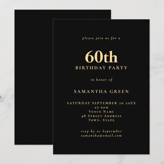 Minimalist Text Black Gold 60th Birthday Party  Invitation (Front/Back)