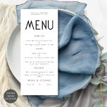 Minimalist Text Black White Wedding Menu card<br><div class="desc">Minimalist Text Black and White Wedding Menu card. Available digitally and printed. Easily personalise the text to your own details which includes alternatives for your vegan or vegetarian options. You can change if you wish to any colours of your choice to match your wedding theme.</div>