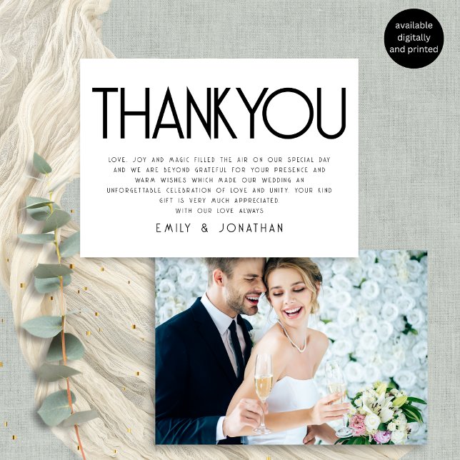 Minimalist Text Black White Wedding Thank You Card (Front and back view)