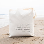 Minimalist Text Destination Wedding Welcome Tote Bag<br><div class="desc">Welcome guests to your destination wedding with these chic and modern personalised tote bags. Design features "welcome to [destination]" in black vintage typewriter lettering with your names and wedding date beneath,  aligned at the lower right for a minimalist look.</div>
