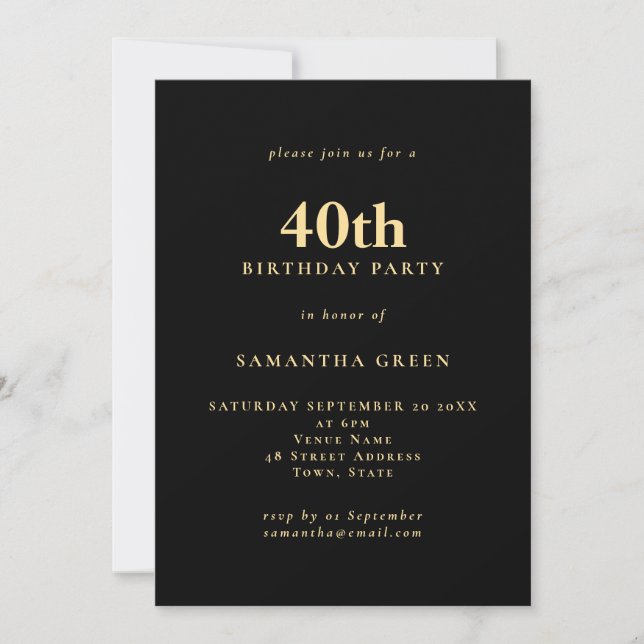 Minimalist Text Gold Black 40th Birthday Party Invitation (Front)