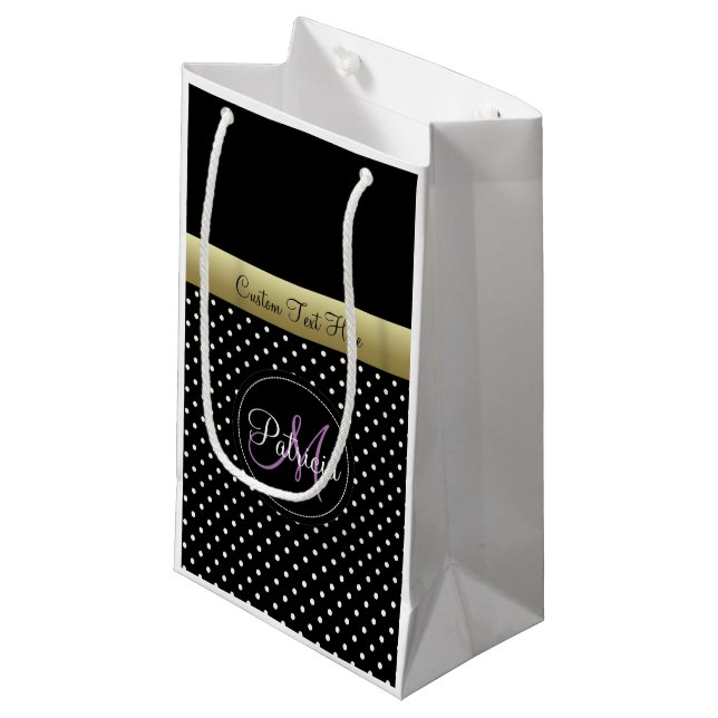 Minimalist Text Monogram Black White Polka Dots Small Gift Bag (Front Angled)