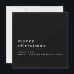Minimalist Text Name Merry Christmas Black Card<br><div class="desc">Minimalist Text Name Merry Christmas White on Black. Classy simple elegance,  minimal style,  with your greeting larger in stylish lowercase with your names beneath with lots of plain area. Easily personalise the text to your own details. Fully customisable.</div>