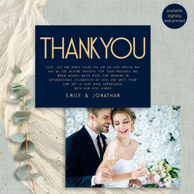 Minimalist Text Navy Gold Wedding Thank You Card (Front and back view)