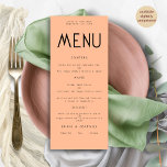 Minimalist Text Peach Wedding Menu card<br><div class="desc">Minimalist Text Peach Wedding Menu card. Available digitally and printed. Easily personalise the text to your own details which includes alternatives for your vegan or vegetarian options. You can change if you wish to any colours of your choice to match your wedding theme.</div>