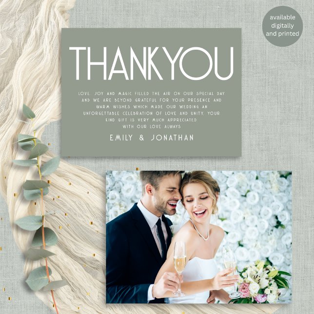 Minimalist Text Sage Green  Wedding Thank You Card (Frotn and back view)