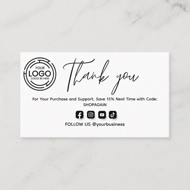 Minimalist Thank You for Your Purchase with Logo Business Card (Front)