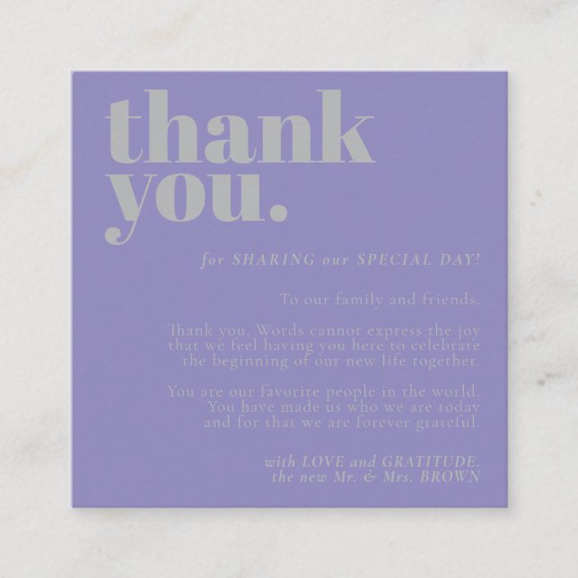 Minimalist Thank You left Lavender Silver Enclosure Card (Front)