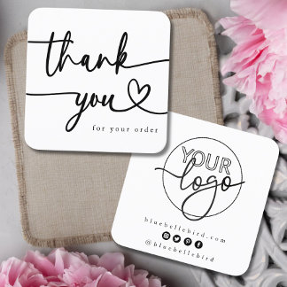 Minimalist Thank You Script Custom logo Heart  Square Business Card