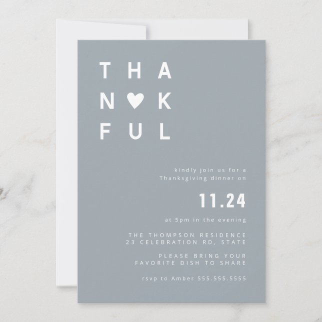 Minimalist Thankful Blue Thanksgiving Dinner Invitation (Front)