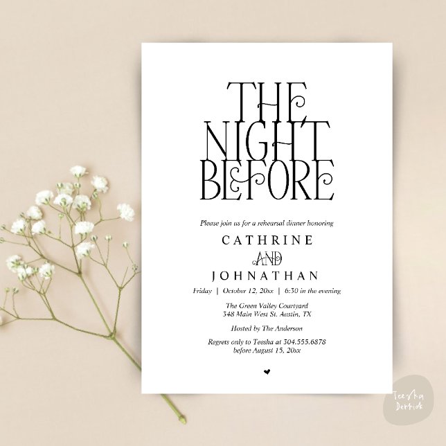 Minimalist "The Night Before" Rehearsal Dinner Invitation (Modern Minimalist "The Night Before" Garden Rehearsal Dinner Invitation Card in Black and White)