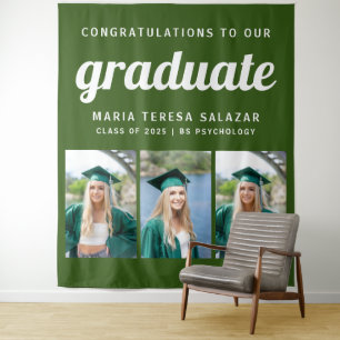 Minimalist Three Photo Graduation Tapestry Green