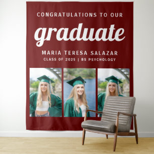 Minimalist Three Photo Graduation Tapestry  Maroon