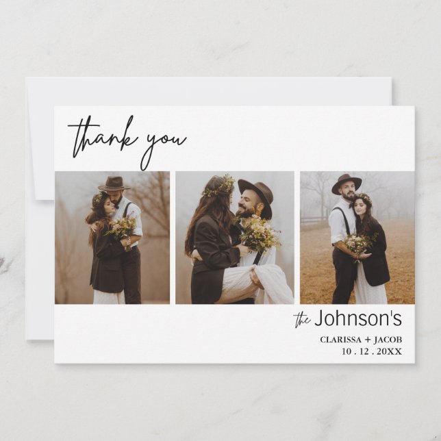 Minimalist Three Photo Wedding Thank You Card (Front)