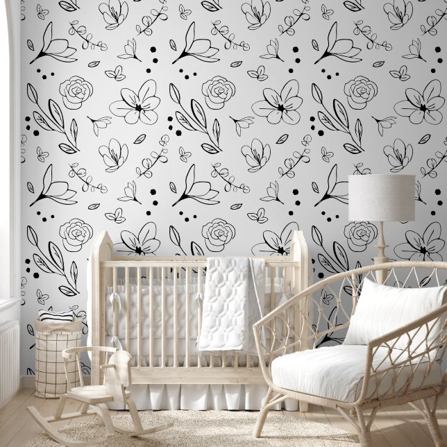 Minimalist timeless black white floral pattern wallpaper (Kids)