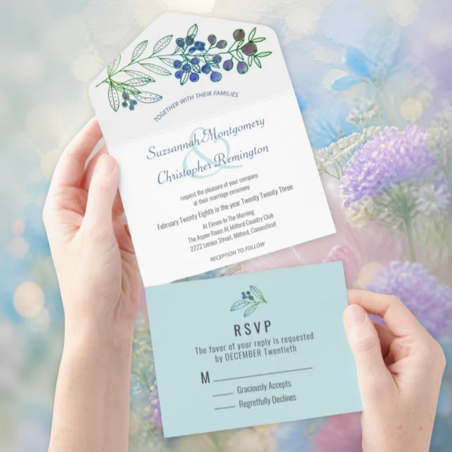 Minimalist Top Blue Border Berry Leaf Wedding All In One Invitation (All in one pastel berry wedding invitation template.)