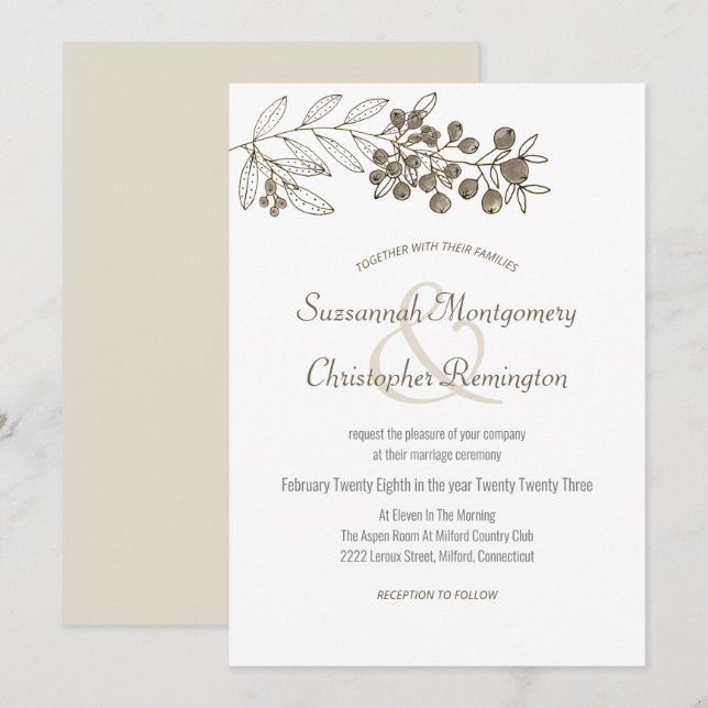 Minimalist Top Border Berry Leaf Wedding Invitation (Front/Back)