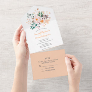 Minimalist Top Border Orange Shade Florals All In One Invitation