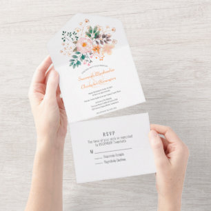 Minimalist Top Border Orange Shade Florals  All In One Invitation