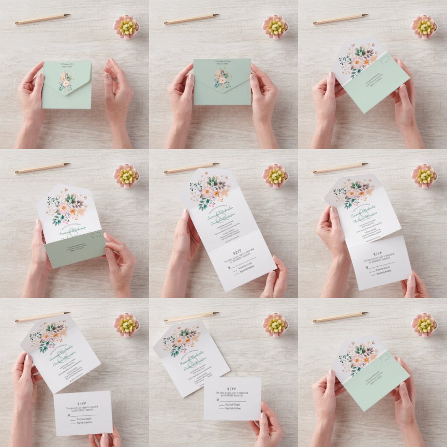 Minimalist Top Border Orange Shade Florals  All In One Invitation