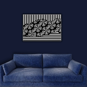 Minimalist Torn Black & White Floral Stripes  Poster