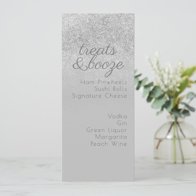 Minimalist Treats Drinks Grey Sparkles Menu (Standing Front)