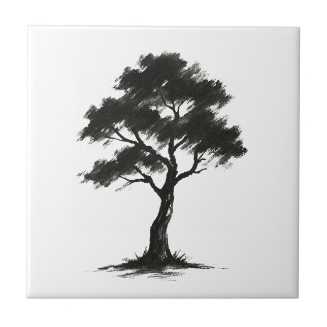 Minimalist Tree – Ink Brush Nature Illustration on Tile (Front)