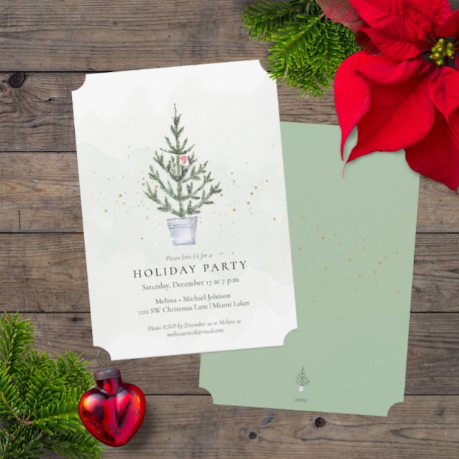 Minimalist Tree Trimming Holiday Party Watercolor  Invitation (Cute Holiday Christmas Party Invitation with Watercolor Christmas Tree and Sage Green Reverse Side)