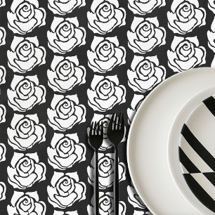 Minimalist Tribal Rose Black Abstract White Floral Tablecloth