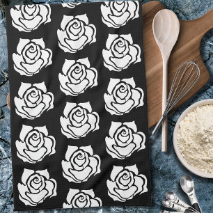 Minimalist Tribal Rose Black Abstract White Floral Tea Towel
