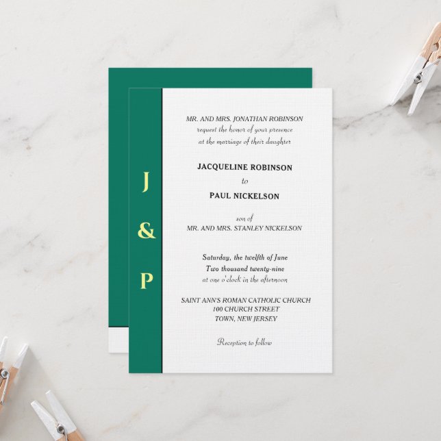 Minimalist Tropical Green Yellow Monogram  Invitation (Front/Back In Situ)