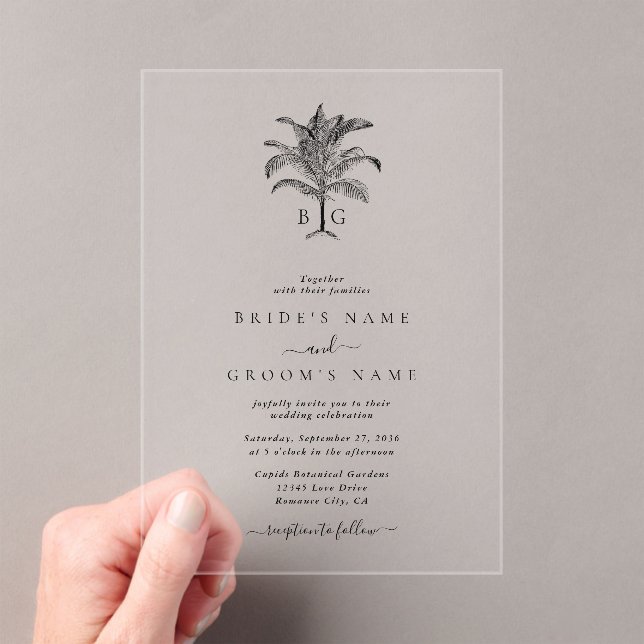 Minimalist Tropical Palm Tree Monogram Wedding Acrylic Invitations (Insitu (Handheld))