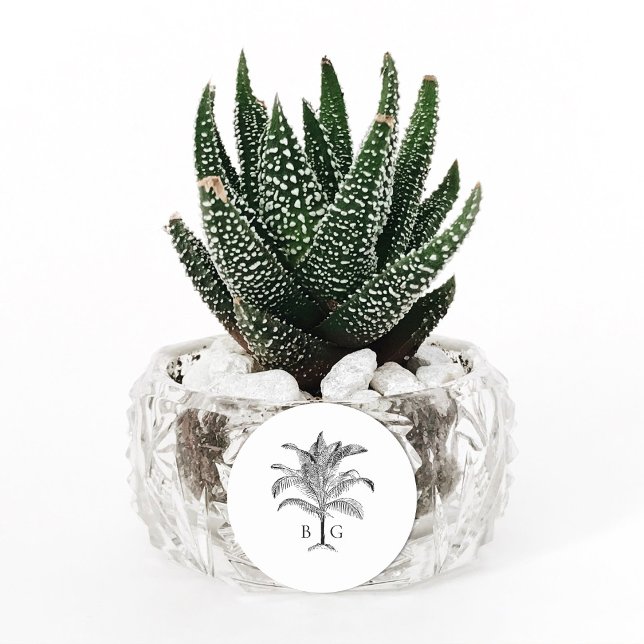 Minimalist Tropical Palm Tree Monogram Wedding Classic Round Sticker (Minimalist Tropical Palm Tree Monogram Wedding Classic Round Sticker)