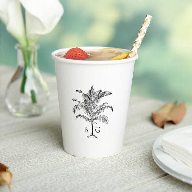 Minimalist Tropical Palm Tree Monogram Wedding Paper Cups (Insitu)