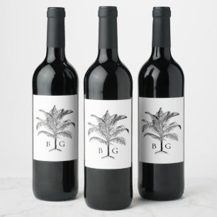 Minimalist Tropical Palm Tree Monogram Wedding Wine Label